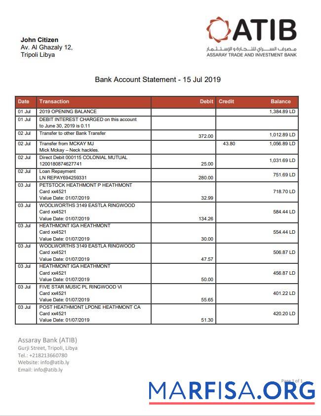 Downloadable Libya Assaray bank (ATIB) bank statement word real example